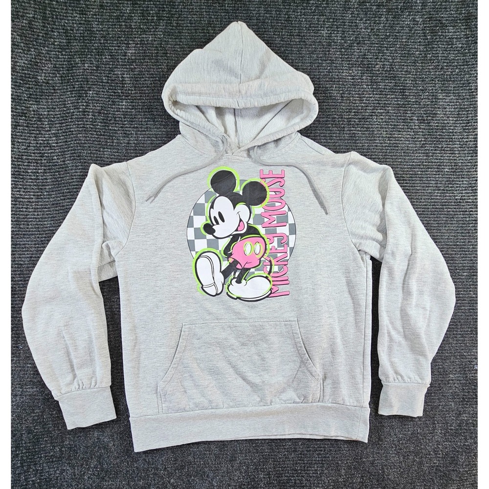 Disney Mickey Mouse Hoodie Women Medium Gray Graphic Print Fleece Lined Pullover